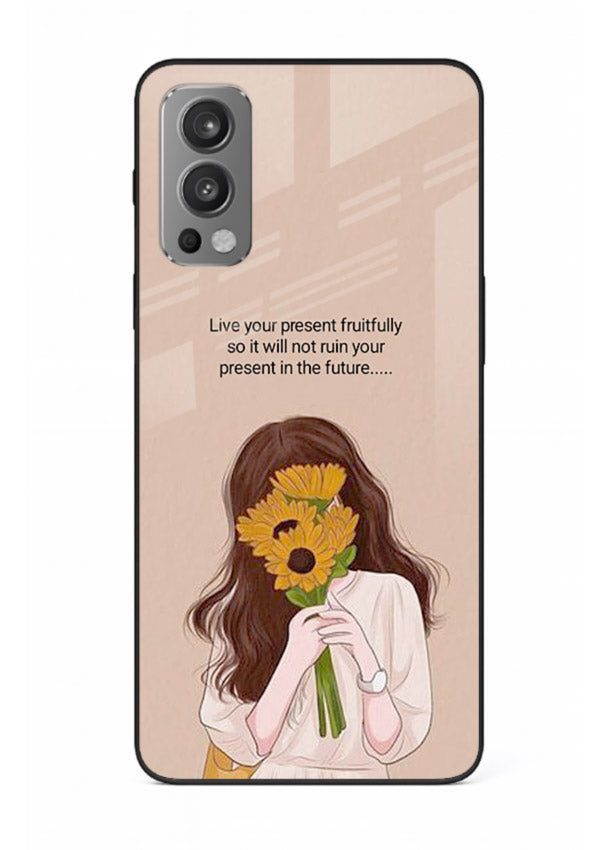Sunflower woman illustration printed on OnePlus Nord 2 glass back cover with warm bold tones.
