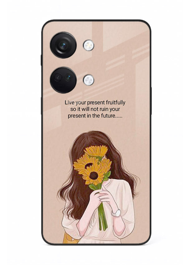 Sunflower woman illustration printed on OnePlus Nord 3 glass back cover with warm bold tones.