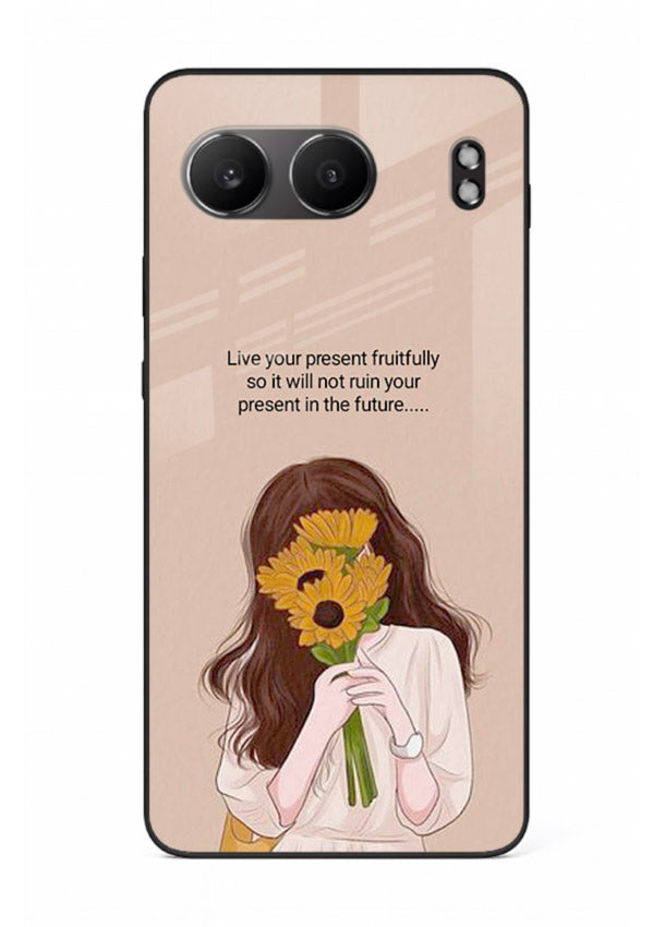 Sunflower woman illustration printed on OnePlus Nord 4 glass back cover with warm bold tones.