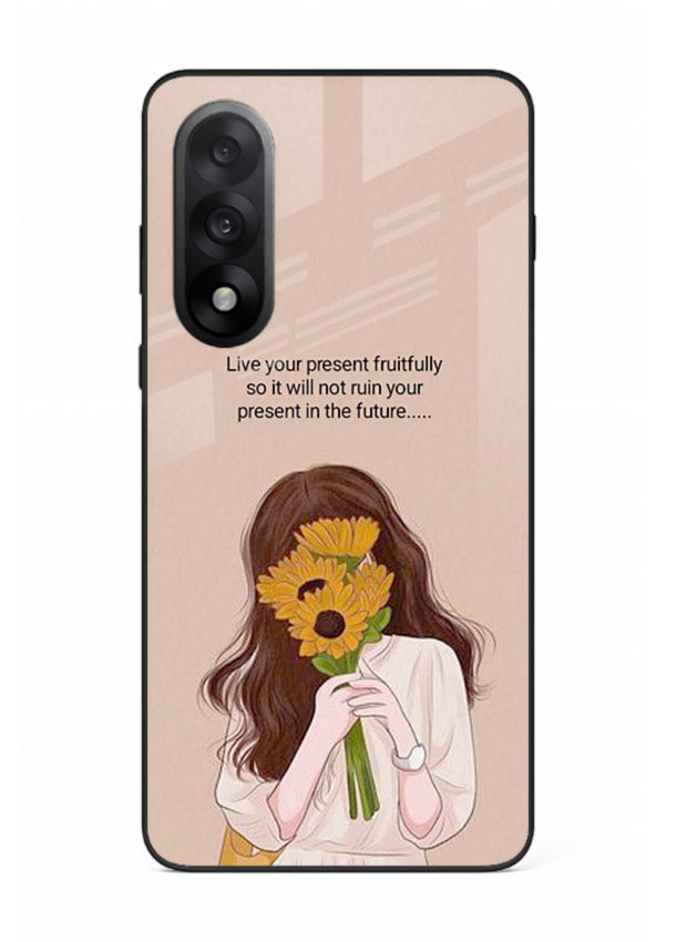 Sunflower woman illustration printed on OnePlus Nord 5 glass back cover with warm bold tones.