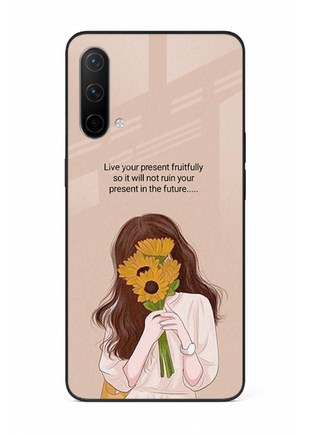 Sunflower woman illustration printed on OnePlus Nord CE 5G glass back cover with warm bold tones.