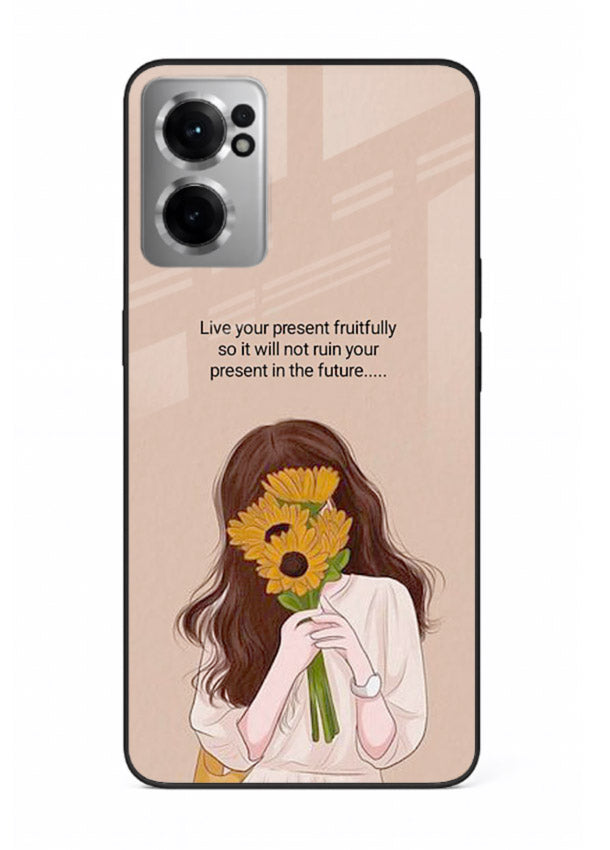 Sunflower woman illustration printed on OnePlus Nord CE2 5G glass back cover with warm bold tones.