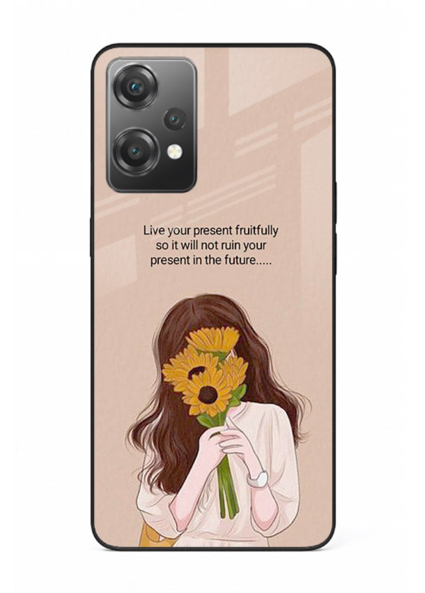 Sunflower woman illustration printed on OnePlus Nord CE2 Lite 5G glass back cover with warm bold tones.