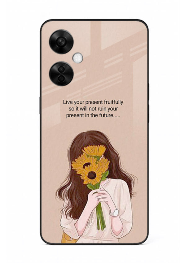 Sunflower woman illustration printed on OnePlus Nord CE3 Lite glass back cover with warm bold tones.