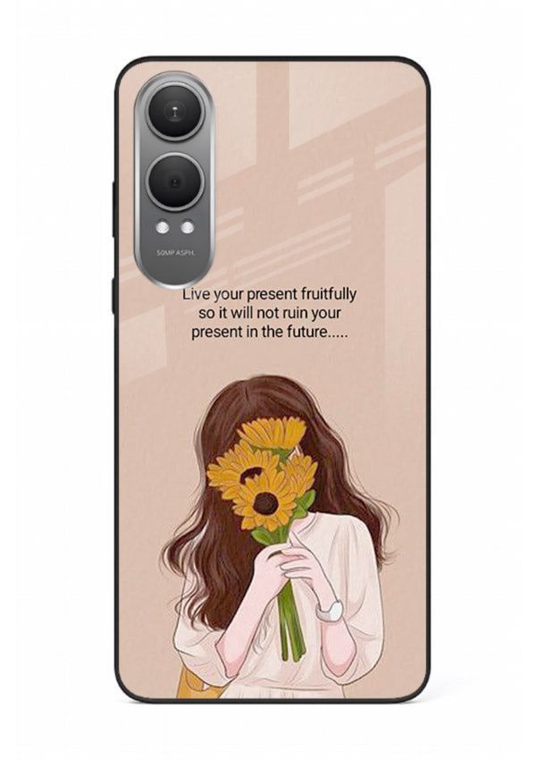 Sunflower woman illustration printed on OnePlus Nord CE4 Lite glass back cover with warm bold tones.