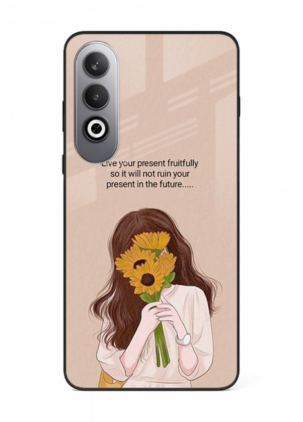 Sunflower woman illustration printed on OnePlus Nord CE4 glass back cover with warm bold tones.