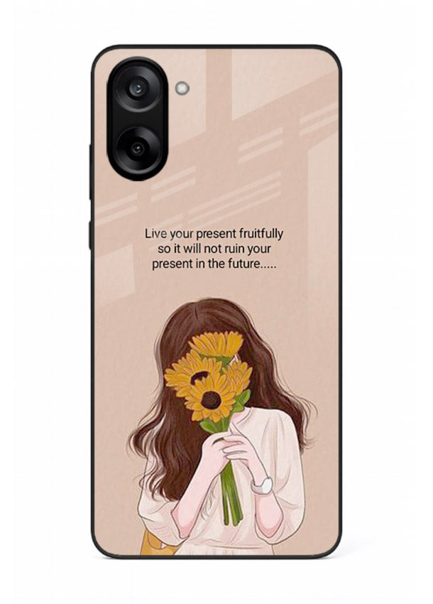 Sunflower woman illustration printed on OnePlus Nord CE5 glass back cover with warm bold tones.