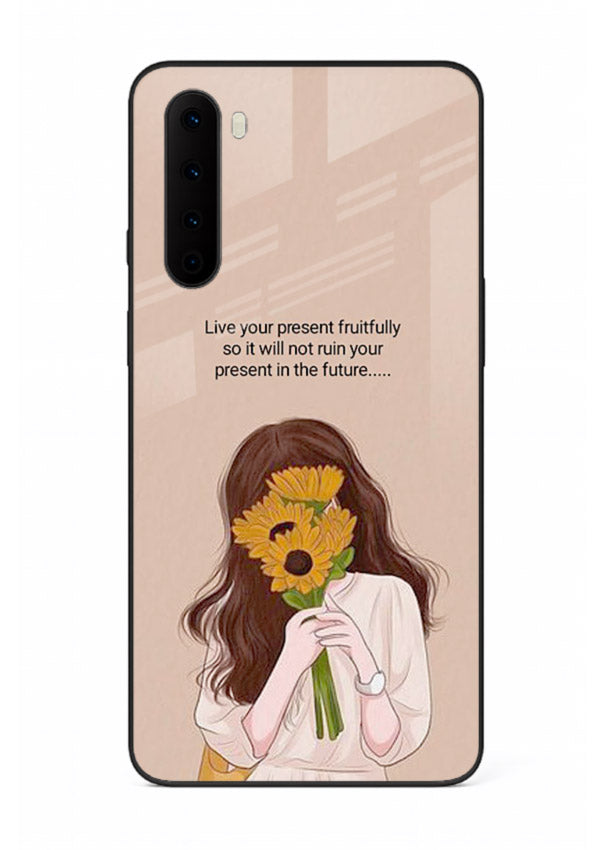 Sunflower woman illustration printed on OnePlus Nord glass back cover with warm bold tones.