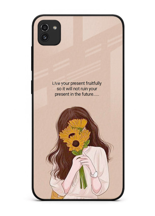 Sunflower woman illustration printed on Samsung A03 glass back cover with warm bold tones.