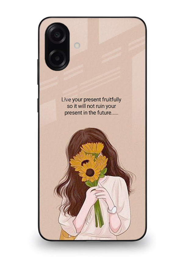 Sunflower woman illustration printed on Samsung A07 4G glass back cover with warm bold tones.