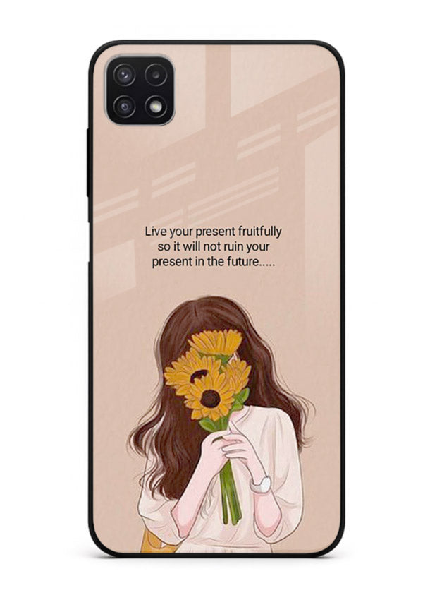 Sunflower woman illustration printed on Samsung F42 5G glass back cover with warm bold tones.