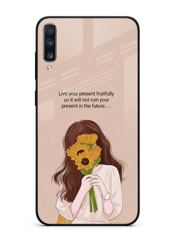 Sunflower woman illustration printed on Samsung A50 glass back cover with warm bold tones.