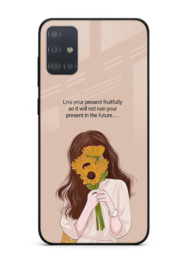 Sunflower woman illustration printed on Samsung A51 glass back cover with warm bold tones.