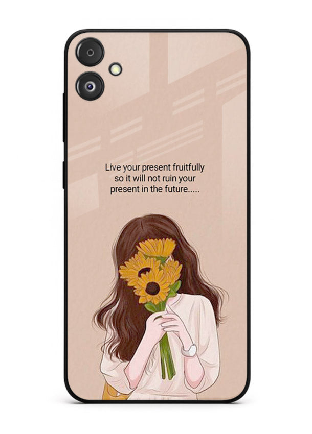 Sunflower woman illustration printed on Samsung F14 5G glass back cover with warm bold tones.