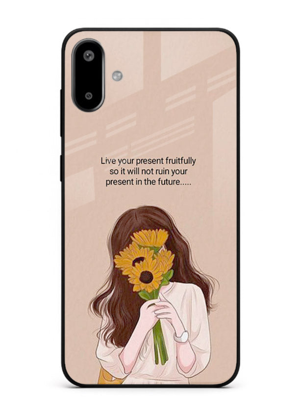 Sunflower woman illustration printed on Samsung F06 5G glass back cover with warm bold tones.