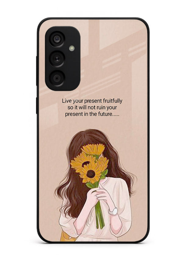 Sunflower woman illustration printed on Samsung M13 4G glass back cover with warm bold tones.