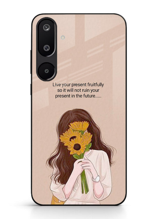 Sunflower woman illustration printed on Samsung F16 5G glass back cover with warm bold tones.