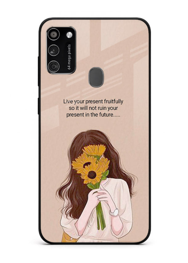 Sunflower woman illustration printed on Samsung M21 glass back cover with warm bold tones.