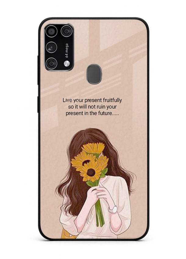 Sunflower woman illustration printed on Samsung M31 Prime glass back cover with warm bold tones.