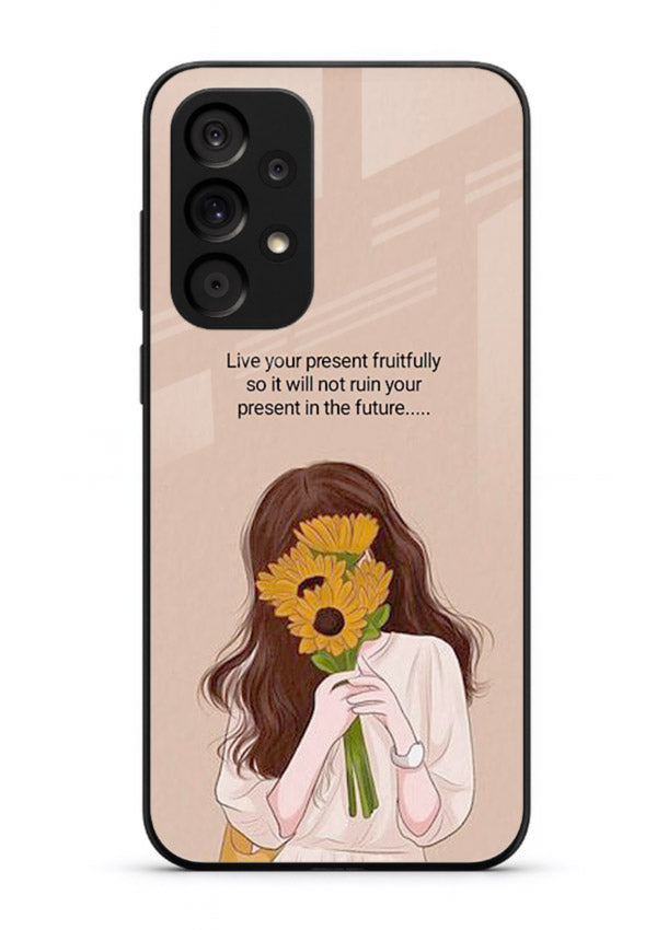 Sunflower woman illustration printed on Samsung A73 5G glass back cover with warm bold tones.
