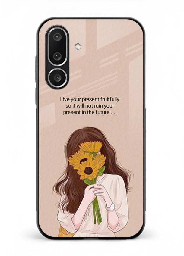 Sunflower woman illustration printed on Samsung M56 5G glass back cover with warm bold tones.