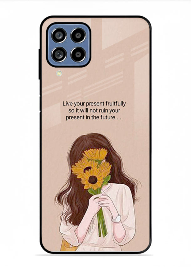 Sunflower woman illustration printed on Samsung M53 5G glass back cover with warm bold tones.
