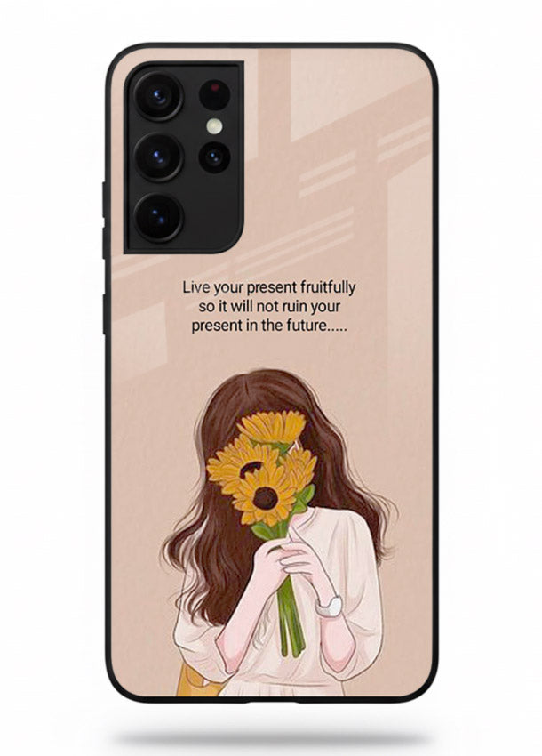 Sunflower woman illustration printed on Samsung S21 Ultra glass back cover with warm bold tones.