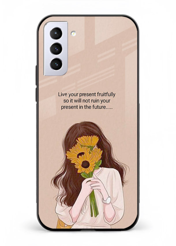 Sunflower woman illustration printed on Samsung S21 FE glass back cover with warm bold tones.