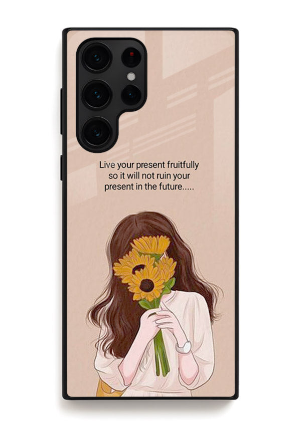 Sunflower woman illustration printed on Samsung S24 Ultra glass back cover with warm bold tones.