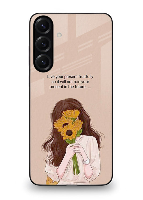 Sunflower woman illustration printed on Samsung M54 5G glass back cover with warm bold tones.