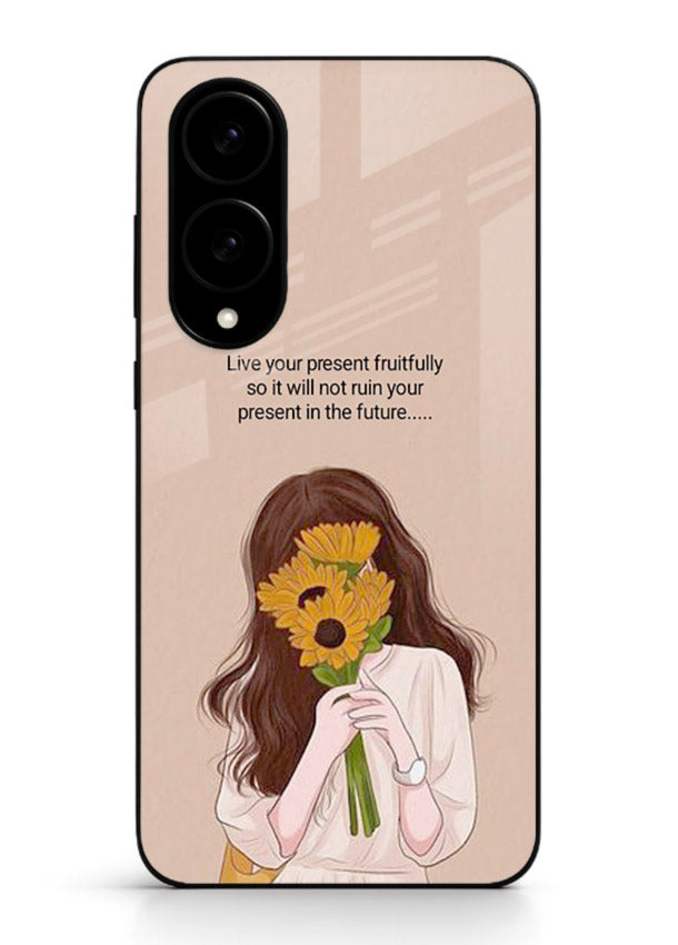 Sunflower woman illustration printed on Samsung S25 Edge glass back cover with warm bold tones.