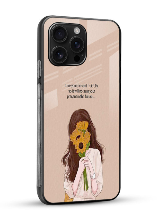 Sunflower woman illustration printed on glossy vibrant premium glass back cover with warm bold tones. - Angle Side