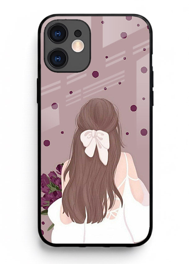 Purple Bow Girl cute portrait illustration iphone 12 mini glass back cover