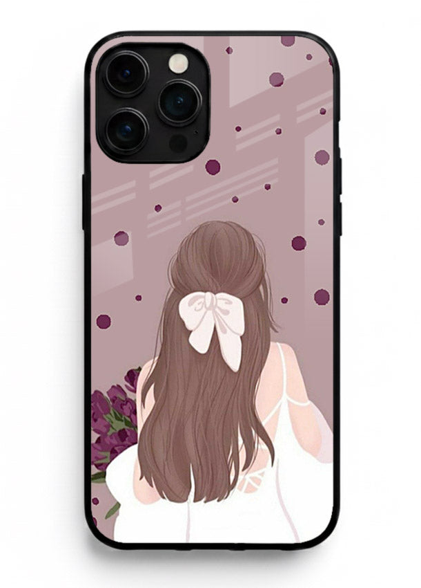Purple Bow Girl cute portrait illustration iphone 14 pro max glass back cover