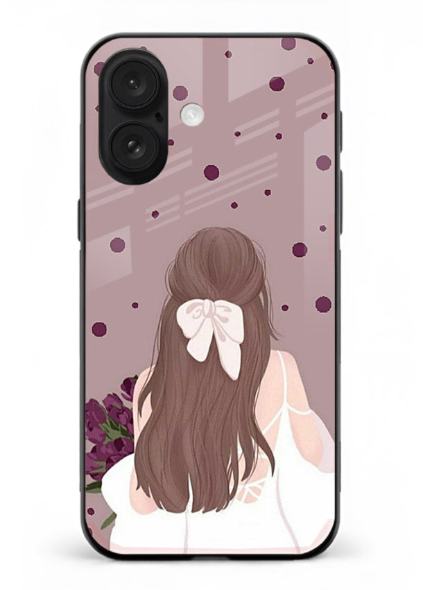 Purple Bow Girl cute portrait illustration iphone 16 plus glass back cover