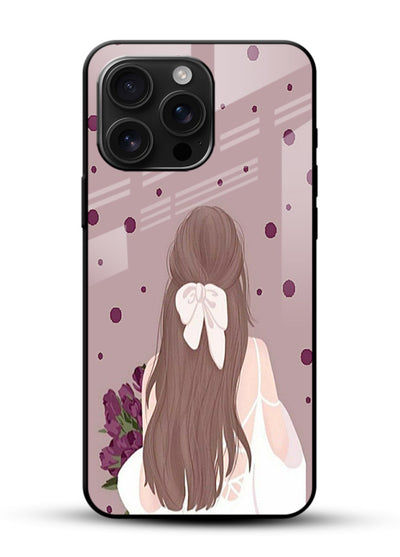 Purple Bow Girl cute portrait illustration glossy vibrant premium glass back cover - Angle Front