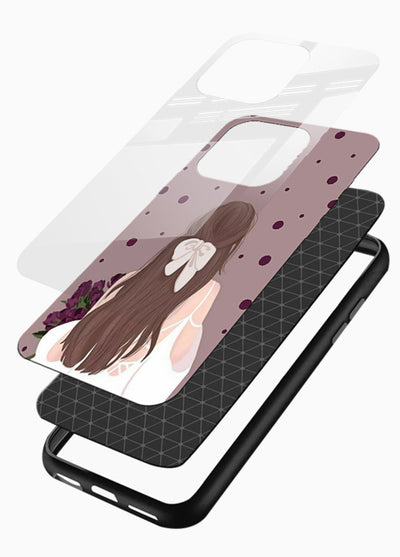 Purple Bow Girl cute portrait illustration glossy vibrant premium glass back cover - Angle Layers