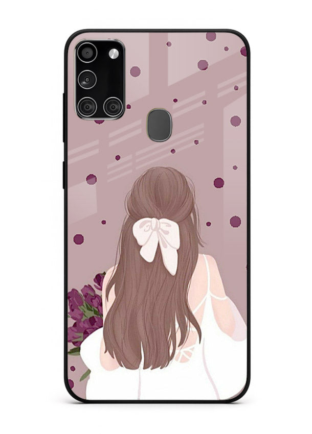 Purple Bow Girl cute portrait illustration Samsung A21s glass back cover