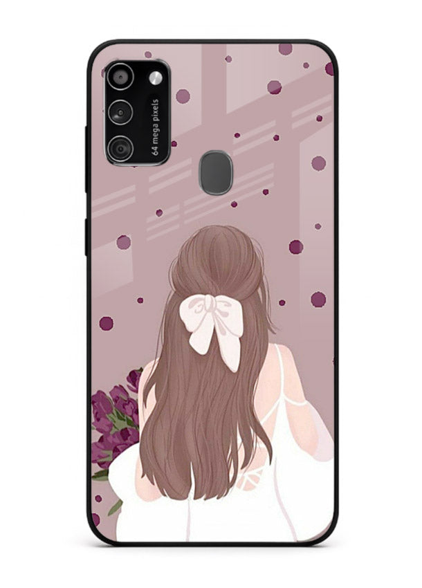 Purple Bow Girl cute portrait illustration Samsung M21 glass back cover