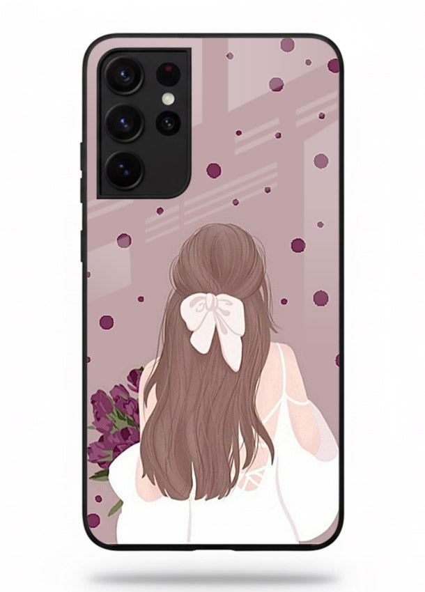 Purple Bow Girl cute portrait illustration Samsung S21 Ultra glass back cover
