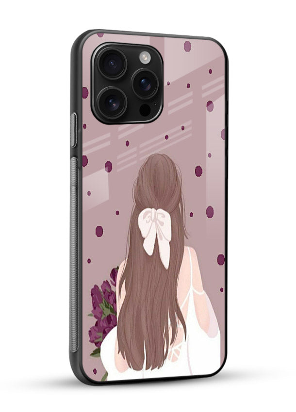 Purple Bow Girl cute portrait illustration glossy vibrant premium glass back cover - Angle Side
