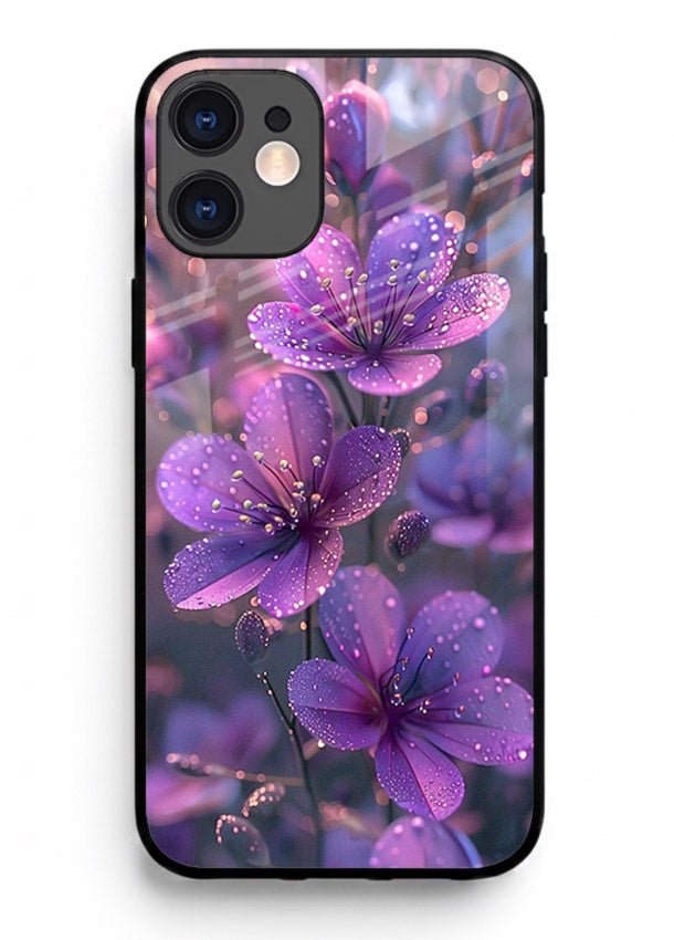 Purple dew petal artwork on iphone 12 mini glass back cover with soft glowing tones.