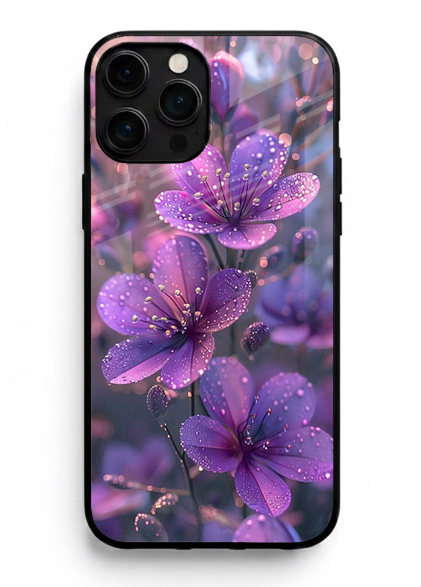 Purple dew petal artwork on iphone 16 pro max glass back cover with soft glowing tones.