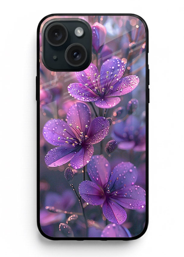 Purple dew petal artwork on iphone 13 mini glass back cover with soft glowing tones.