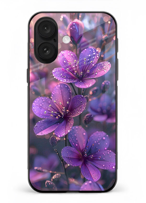 Purple dew petal artwork on iphone 16 glass back cover with soft glowing tones.