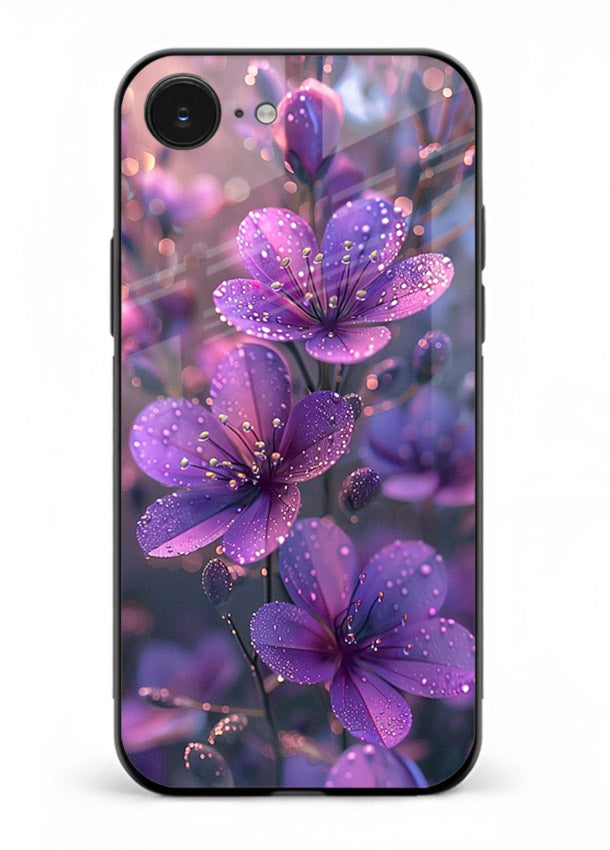 Purple dew petal artwork on iphone 16e glass back cover with soft glowing tones.