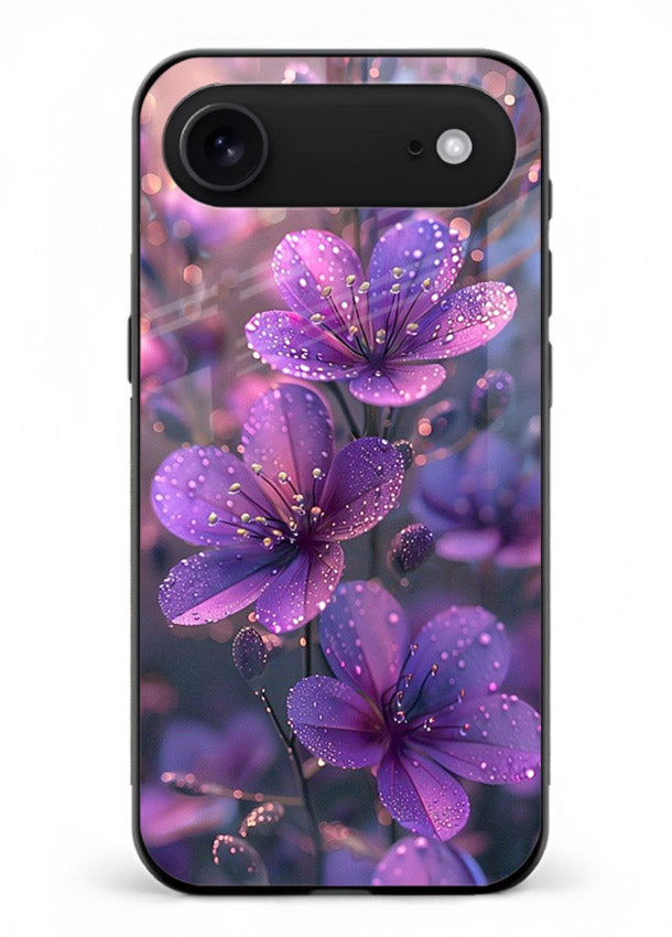Purple dew petal artwork on iphone 18 air glass back cover with soft glowing tones.