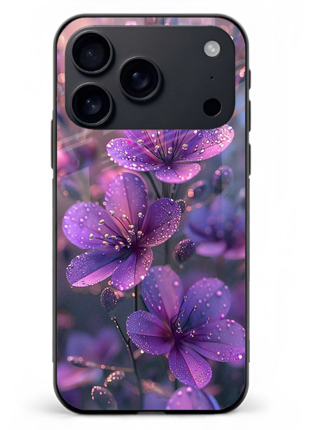 Purple dew petal artwork on iphone 17 pro max glass back cover with soft glowing tones.