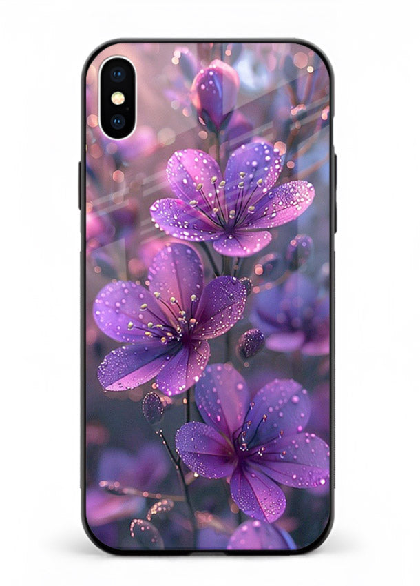 Purple dew petal artwork on iphone xs max glass back cover with soft glowing tones.