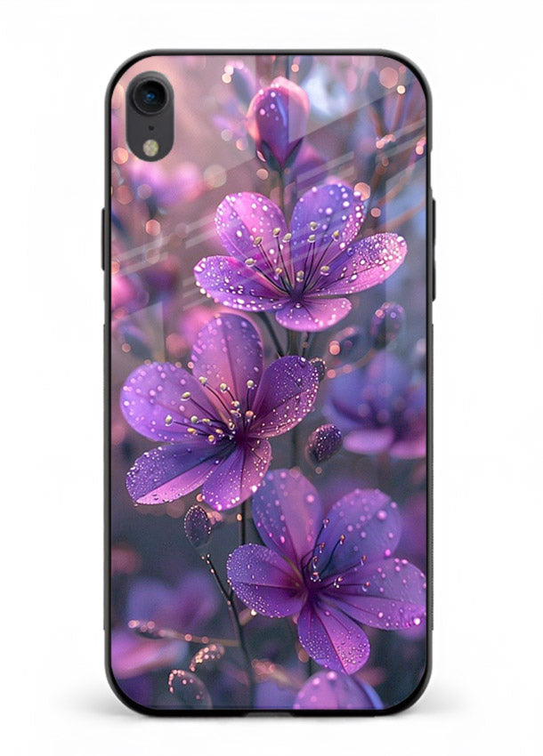 Purple dew petal artwork on iphone xr glass back cover with soft glowing tones.
